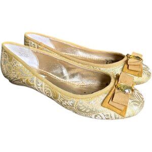 Lovely People Alpinia Brocade Ballet Flats, Ribbon Bow and Jewel - Gold/Tan - 9